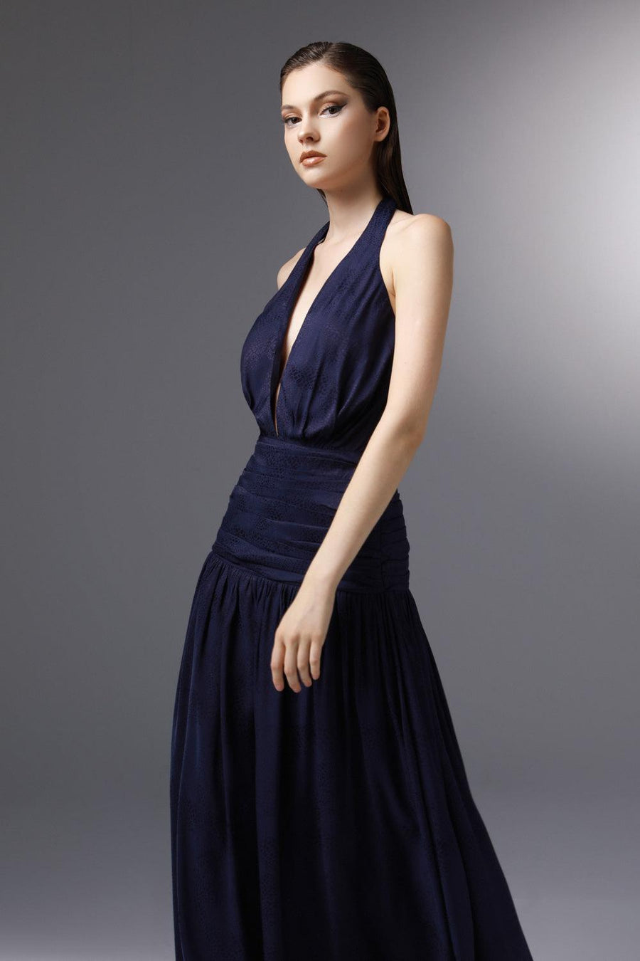 Odyssey Halter Gathered Silk Ankle Length Dress 4