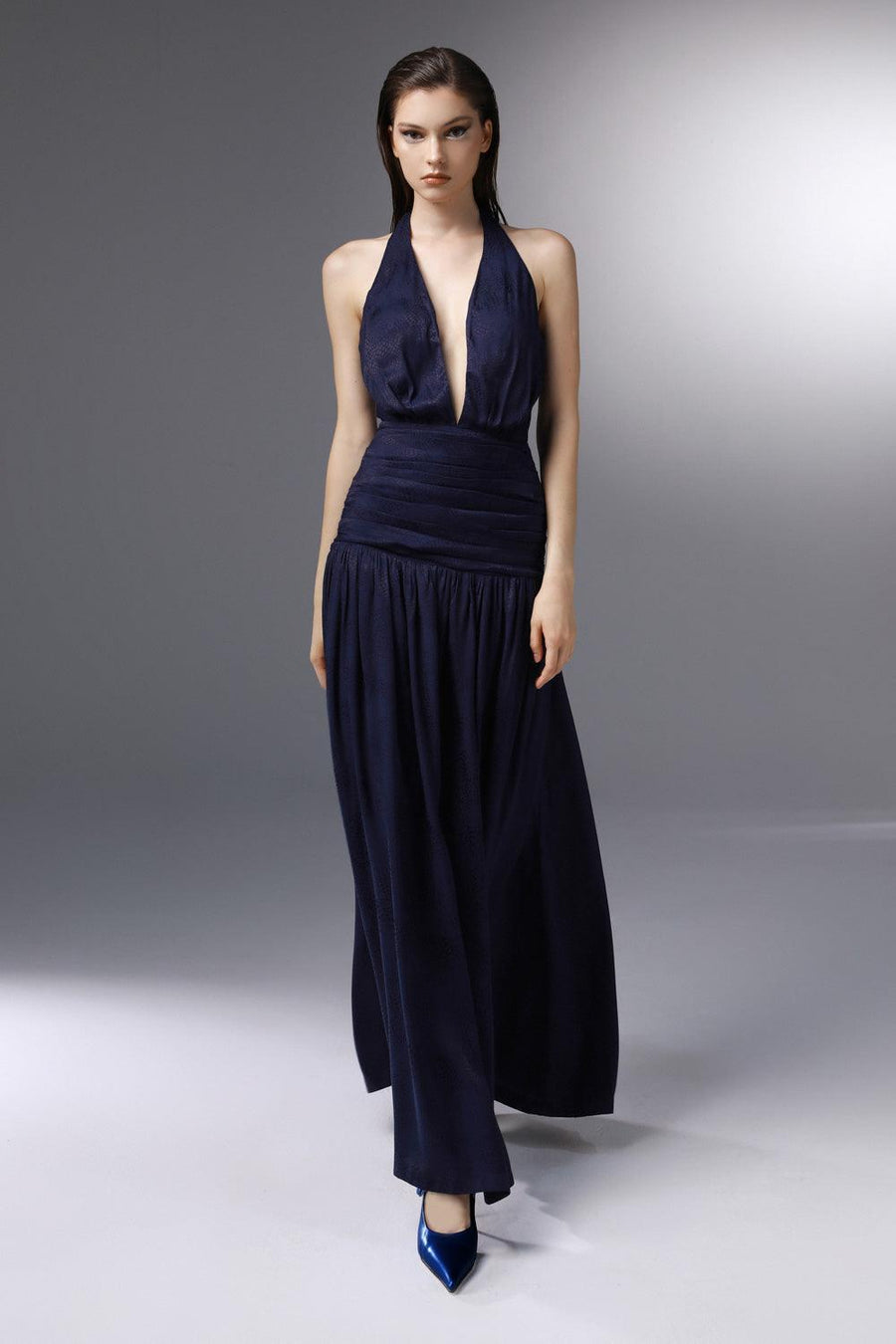 Odyssey Halter Gathered Silk Ankle Length Dress 5
