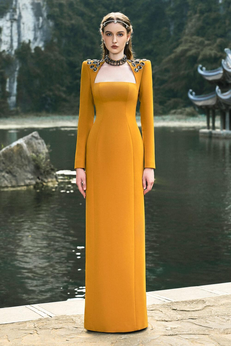 Odyssey Sheath Choker Neck Velvet Floor Length Dress 1