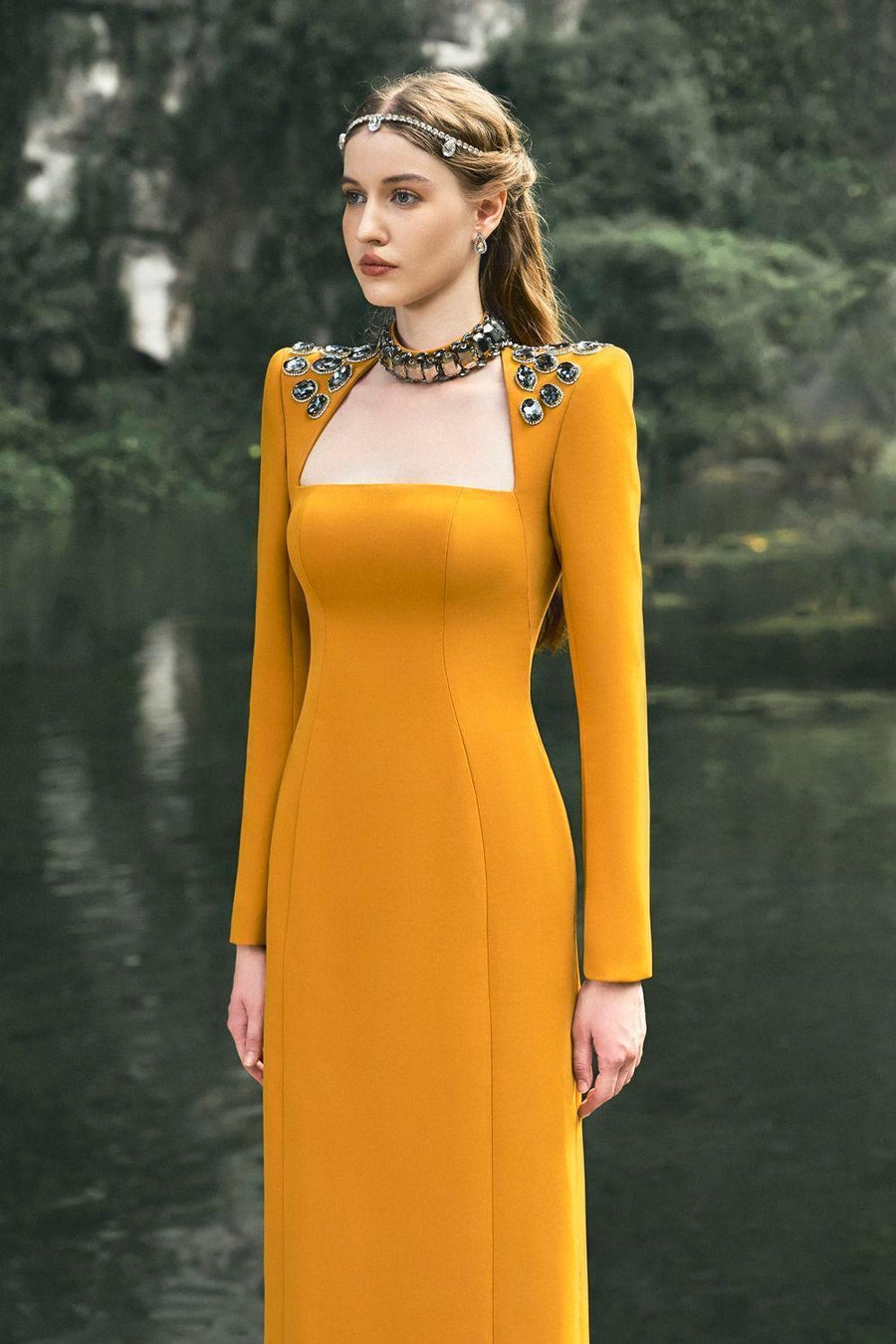 Odyssey Sheath Choker Neck Velvet Floor Length Dress 3