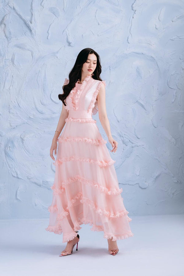 Oleander Layered Ruffle Collar Organza Midi Dress