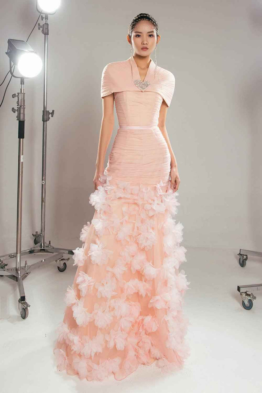 Olson Mermaid Cape Shoulder Organza Floor Length Dress