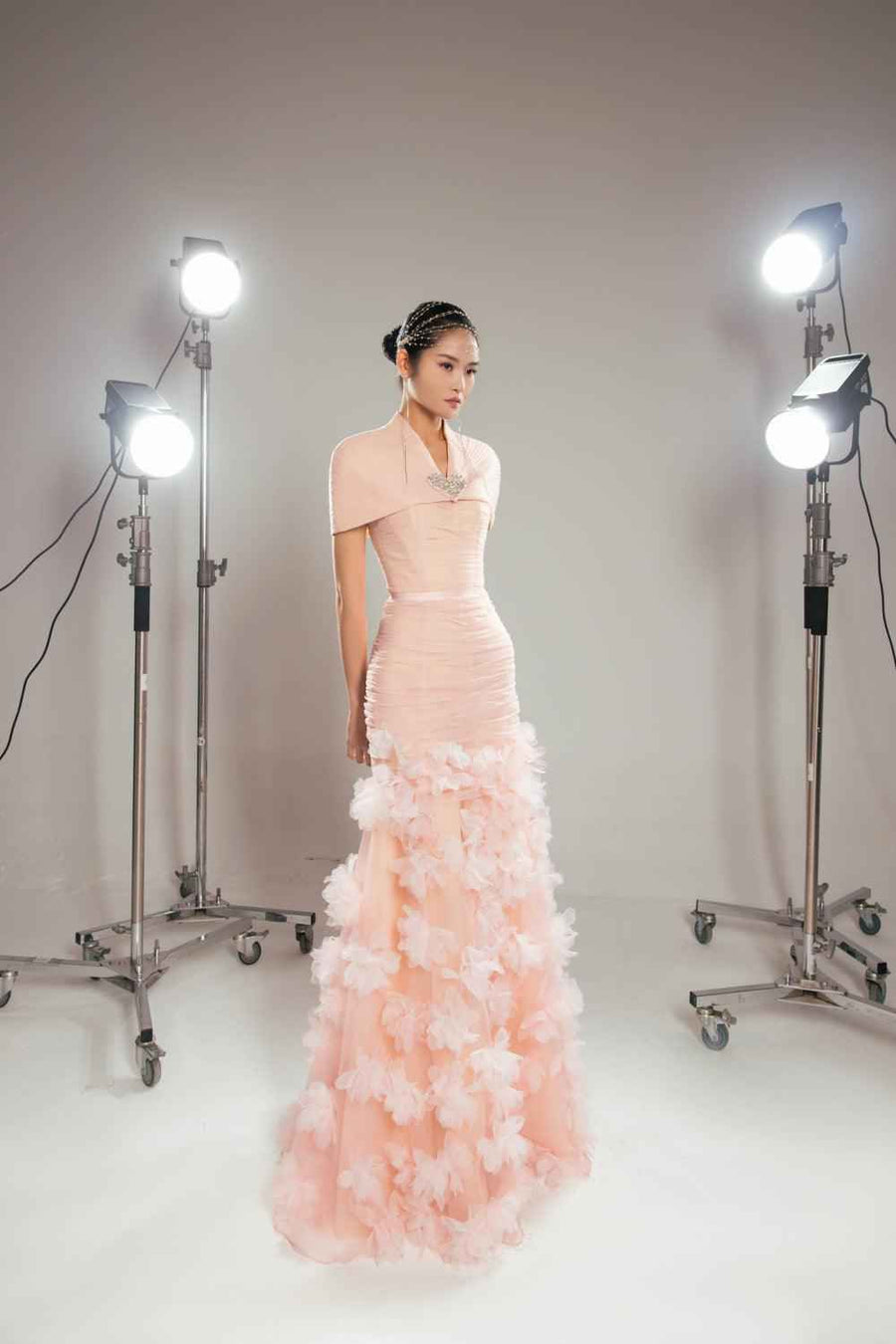 Olson Mermaid Cape Shoulder Organza Floor Length Dress