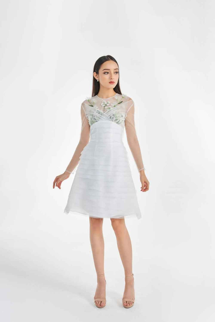 Oralie A-line Cold Shoulder Sleeved Organza Knee-length Dress