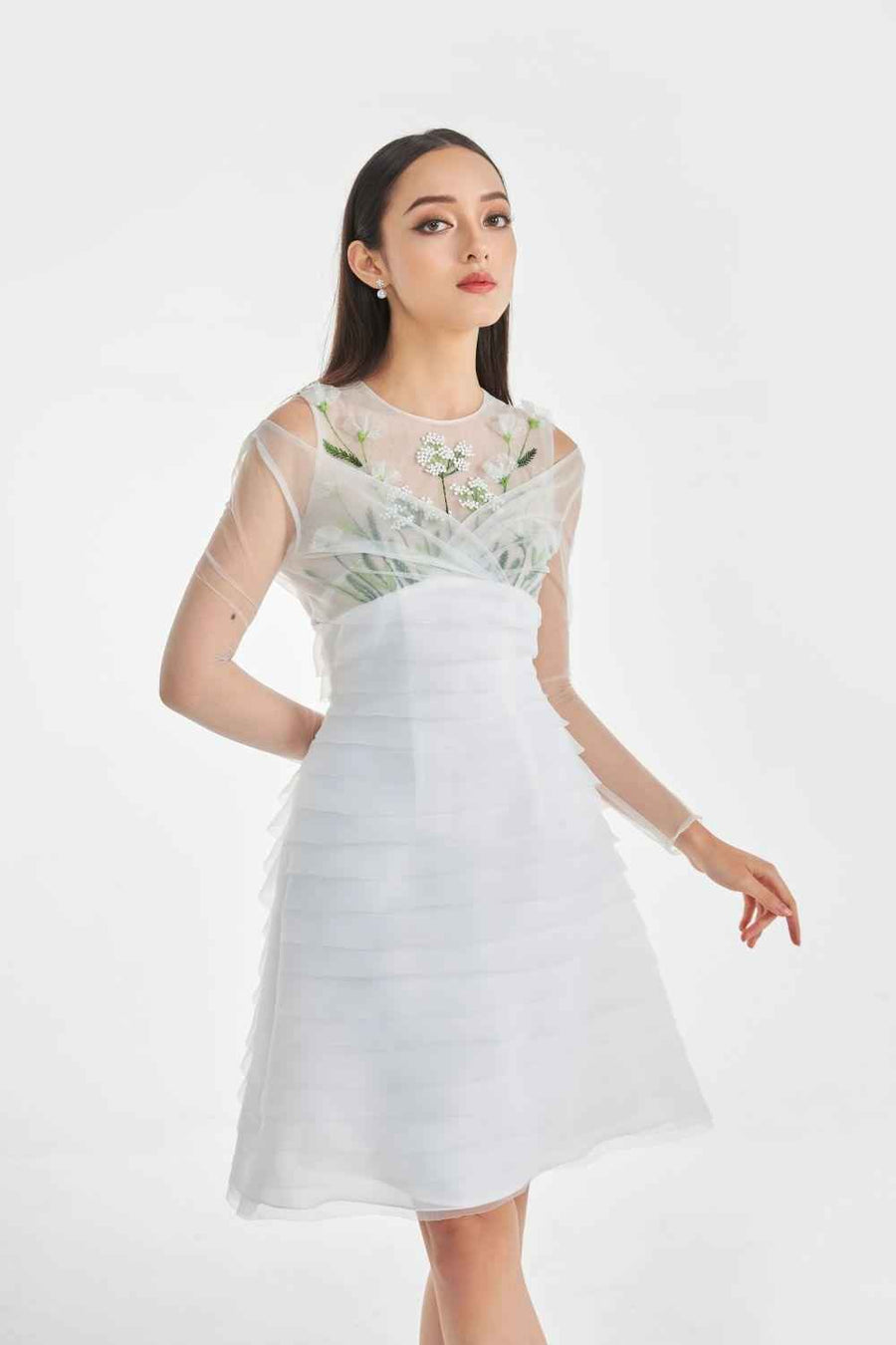 Oralie A-line Cold Shoulder Sleeved Organza Knee-length Dress