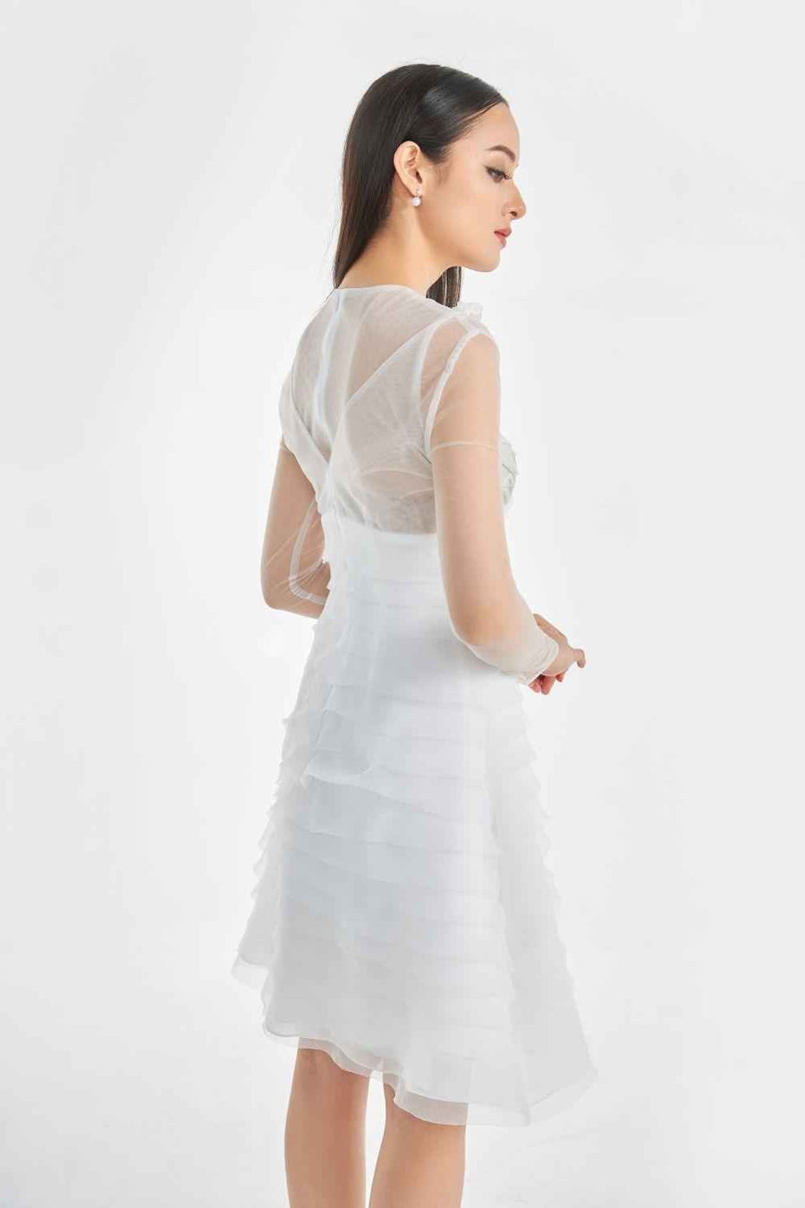 Oralie A-line Cold Shoulder Sleeved Organza Knee-length Dress