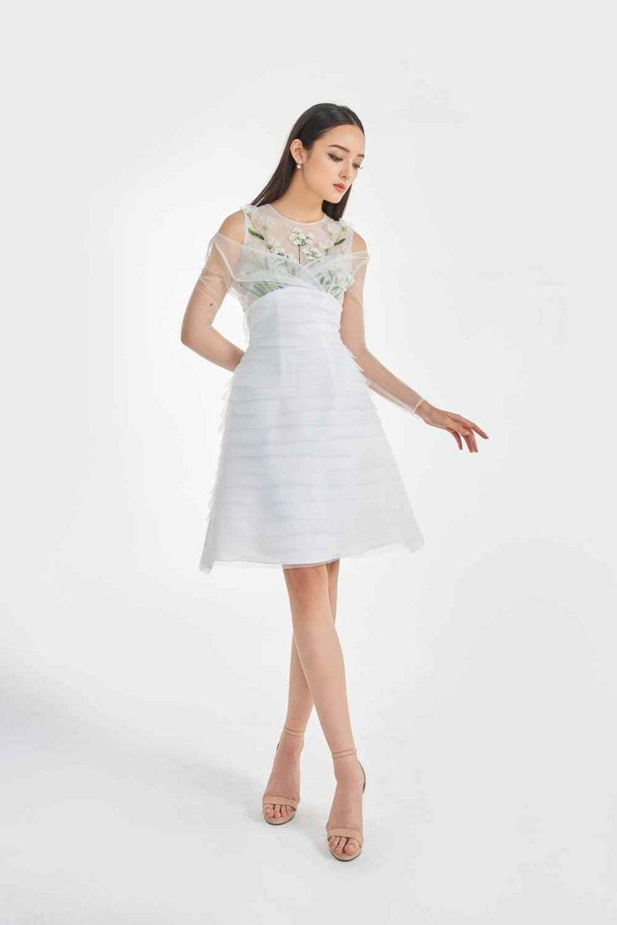 Oralie A-line Cold Shoulder Sleeved Organza Knee-length Dress
