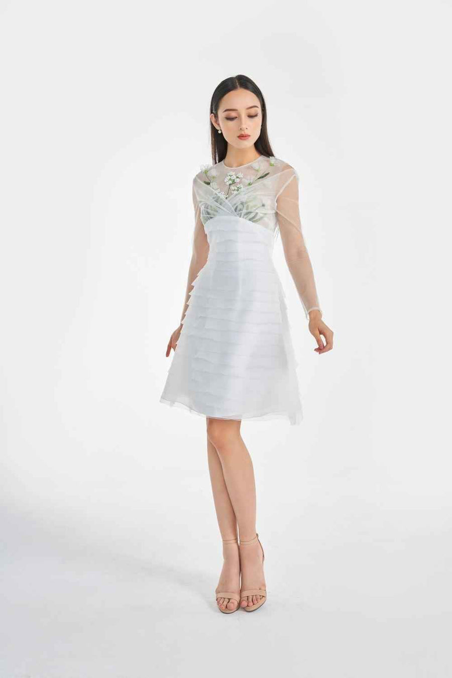 Oralie A-line Cold Shoulder Sleeved Organza Knee-length Dress
