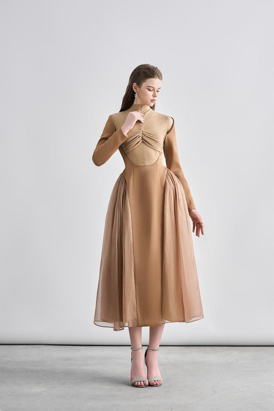 Oralie Fit and Flare High Neck Chanel Midi Dress Light Brown Midi Dress Cordia