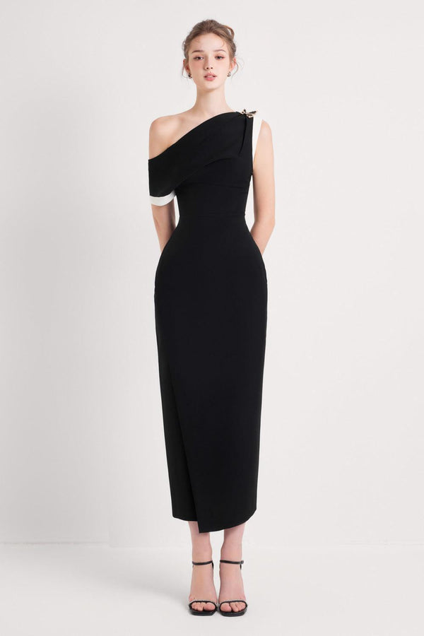 Otis Pegged Diagonal Neck Polycotton Midi Dress