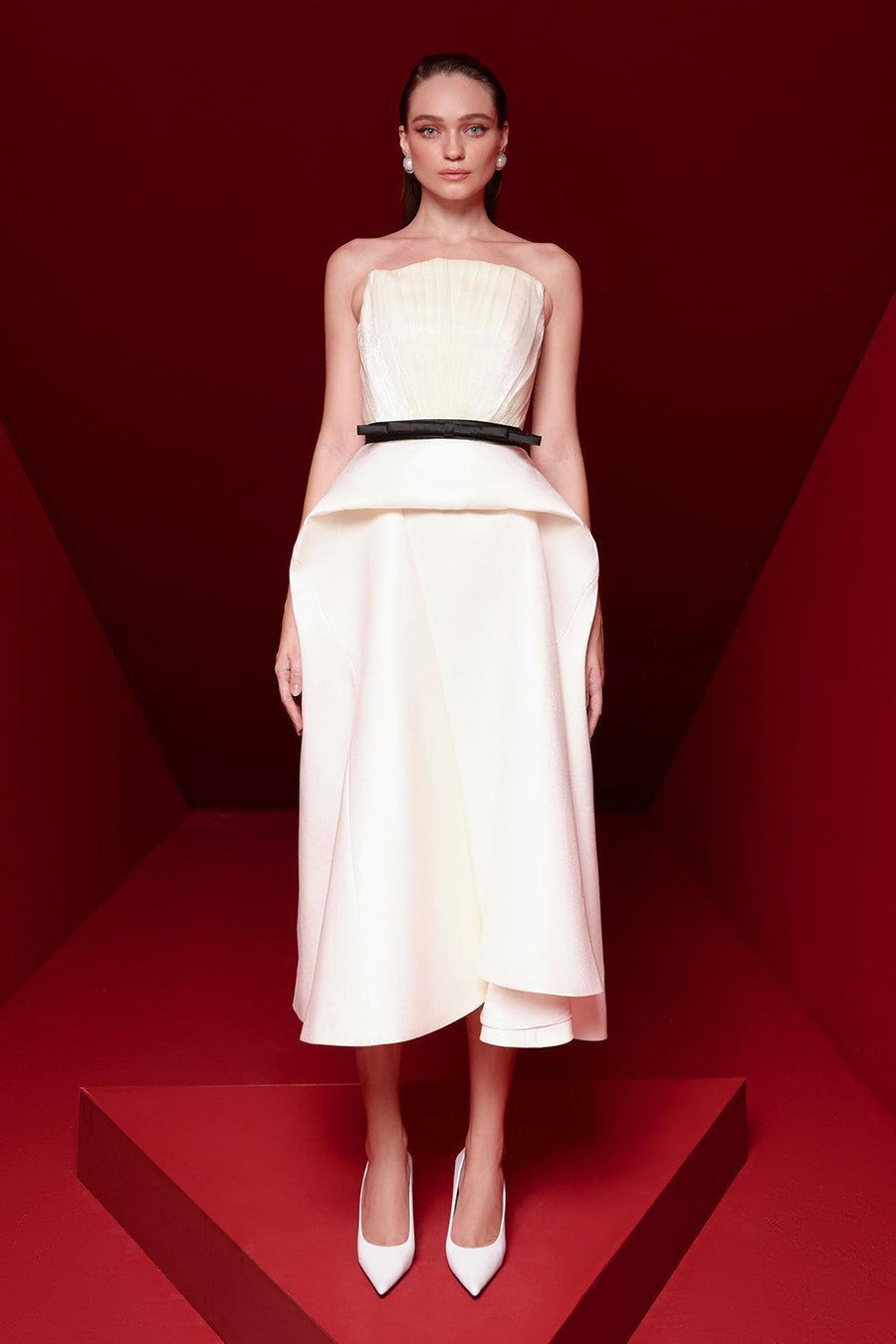 Paloma Peplum Straight Across Neck Taffeta Midi Dress Midi Dress Pesty