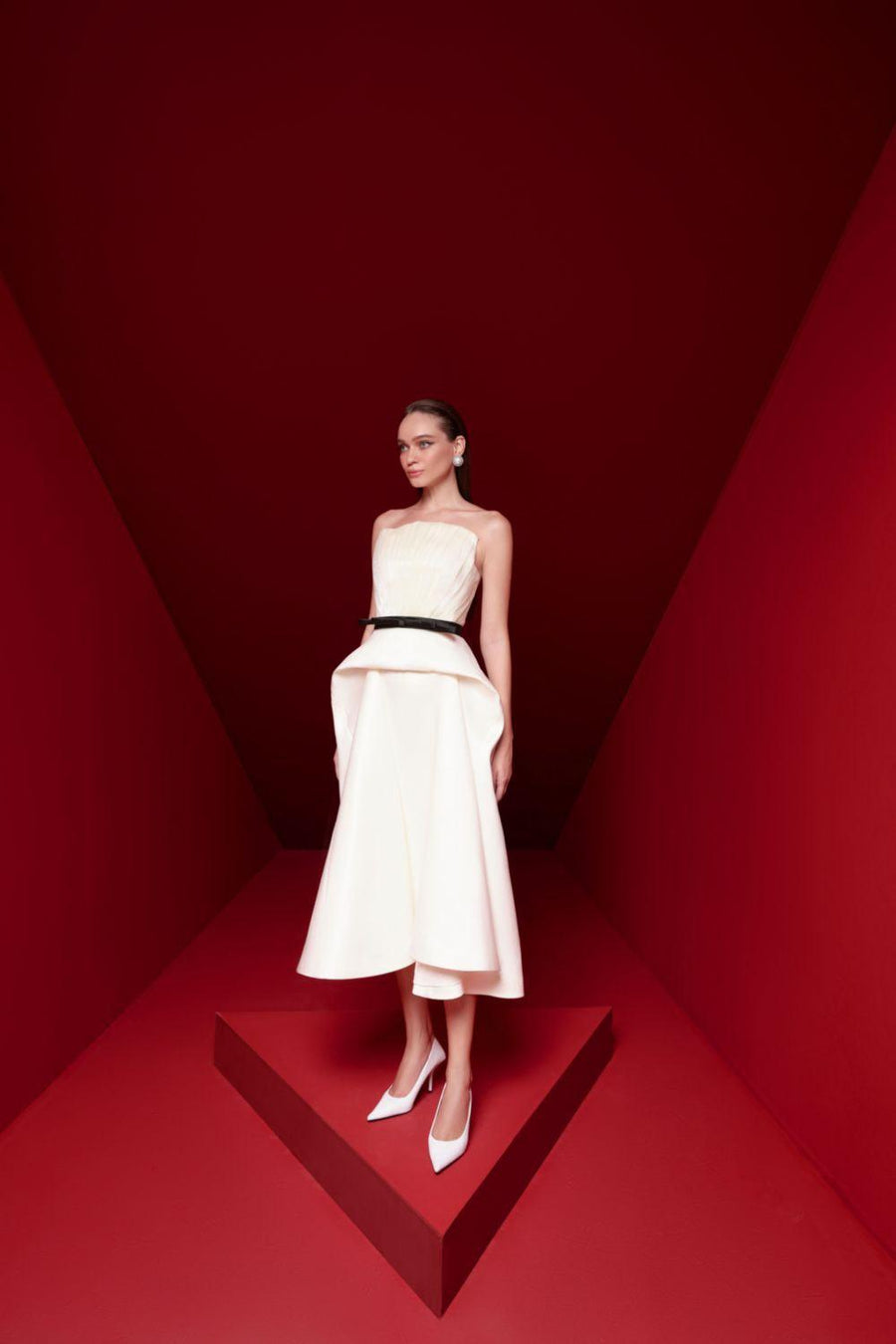 Paloma Peplum Straight Across Neck Taffeta Midi Dress Midi Dress Pesty