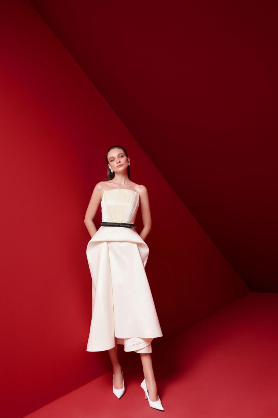 Paloma Peplum Straight Across Neck Taffeta Midi Dress White Midi Dress Pesty