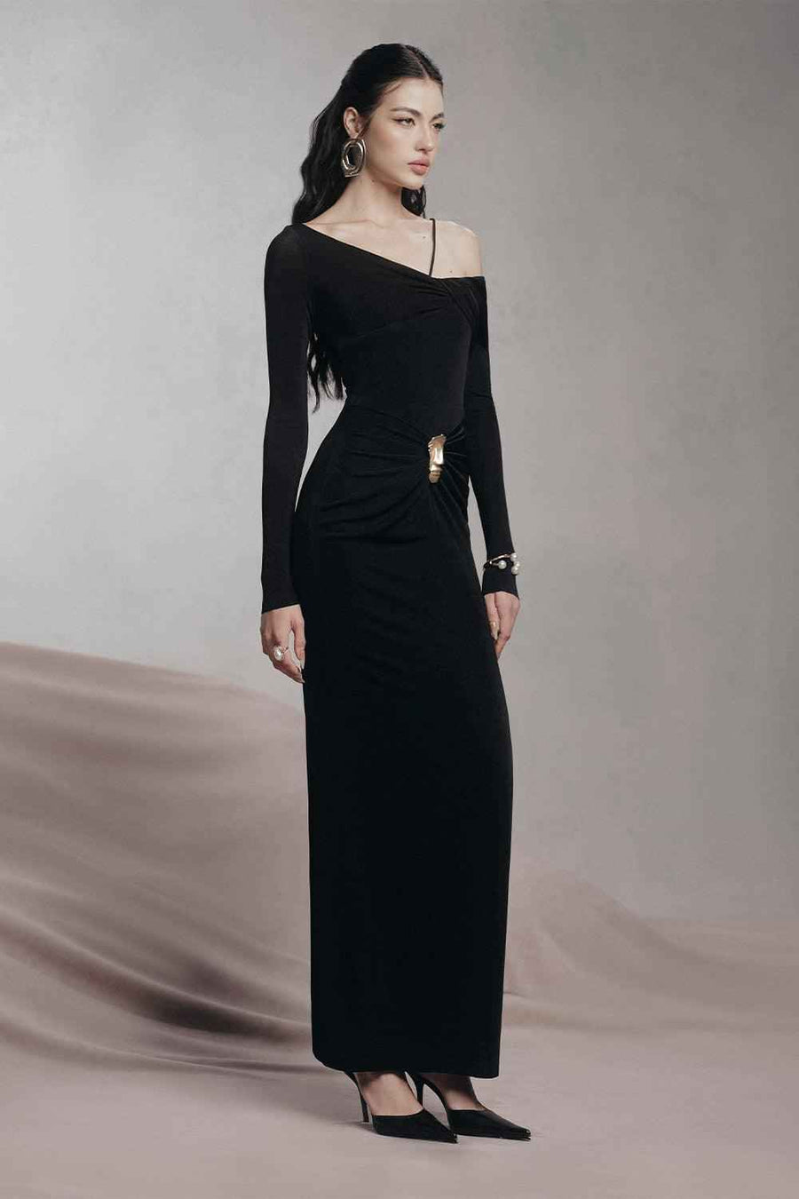 Parade Bodycon Asymmetric Neck Spandex Maxi Dress Black Maxi Dress LaLING
