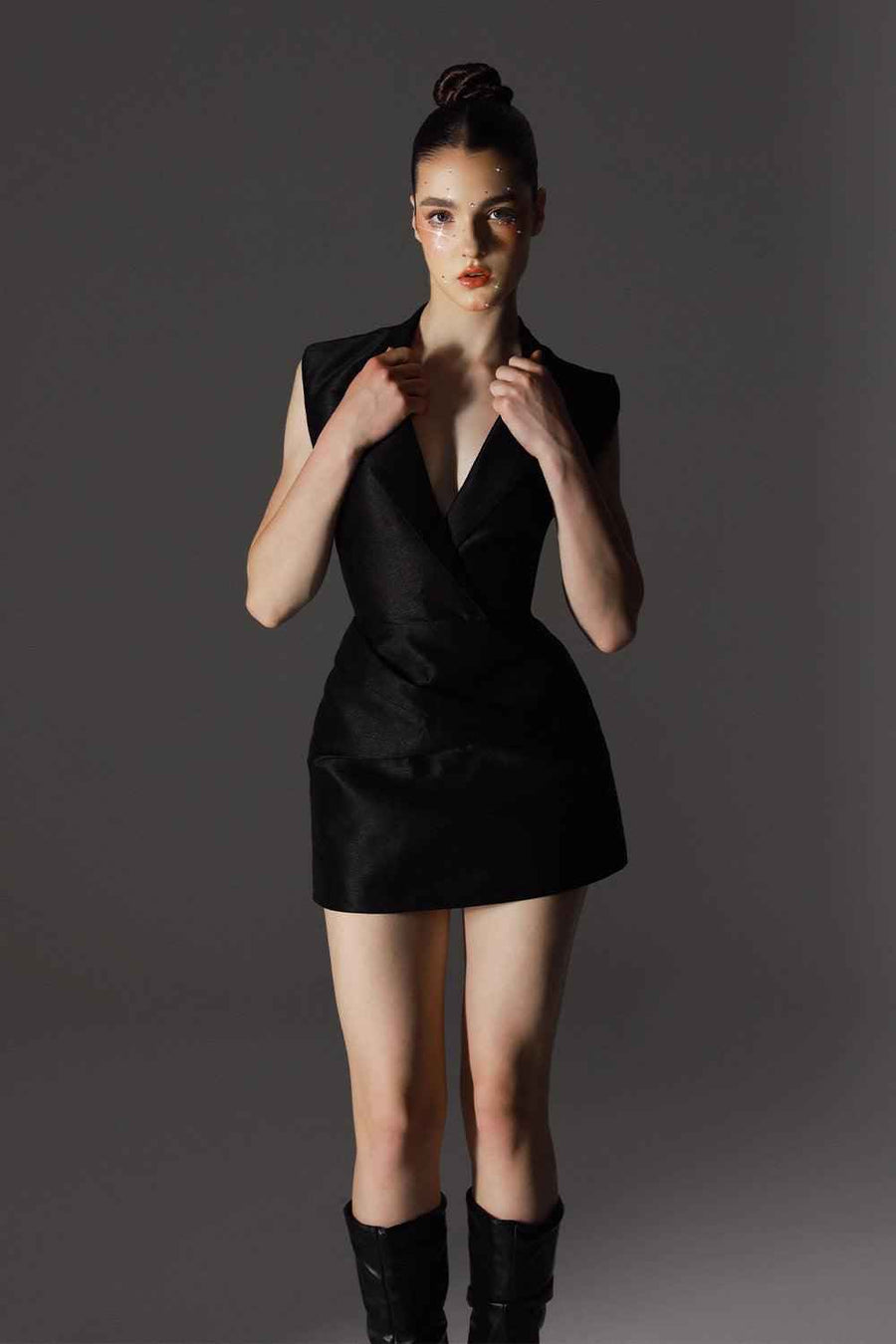 Paragon A-line Plunge Neck Brocade Mini Dress