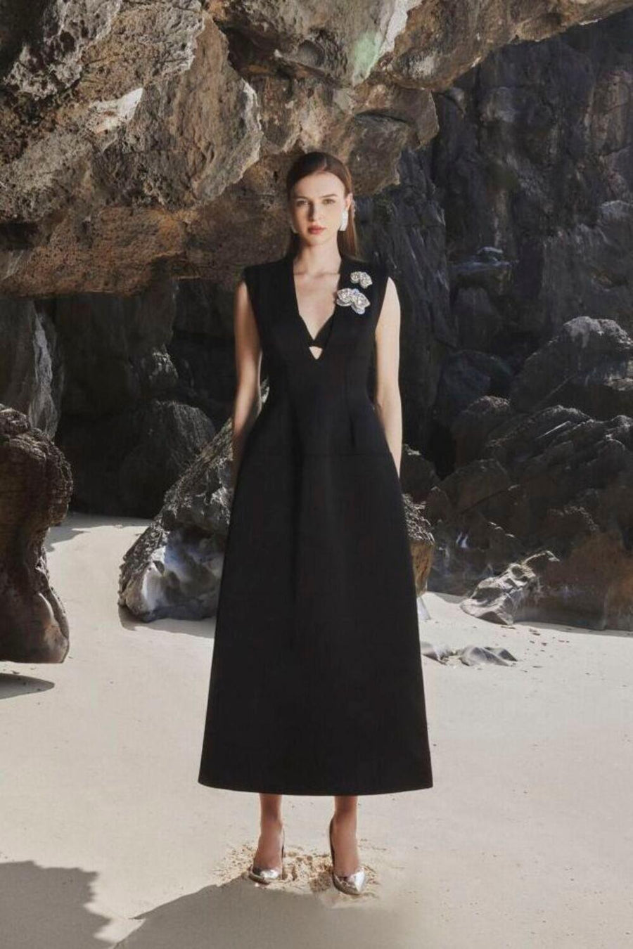 Parker A-line V-Neck Taffeta Midi Dress Black Midi Dress TRACY STUDIO