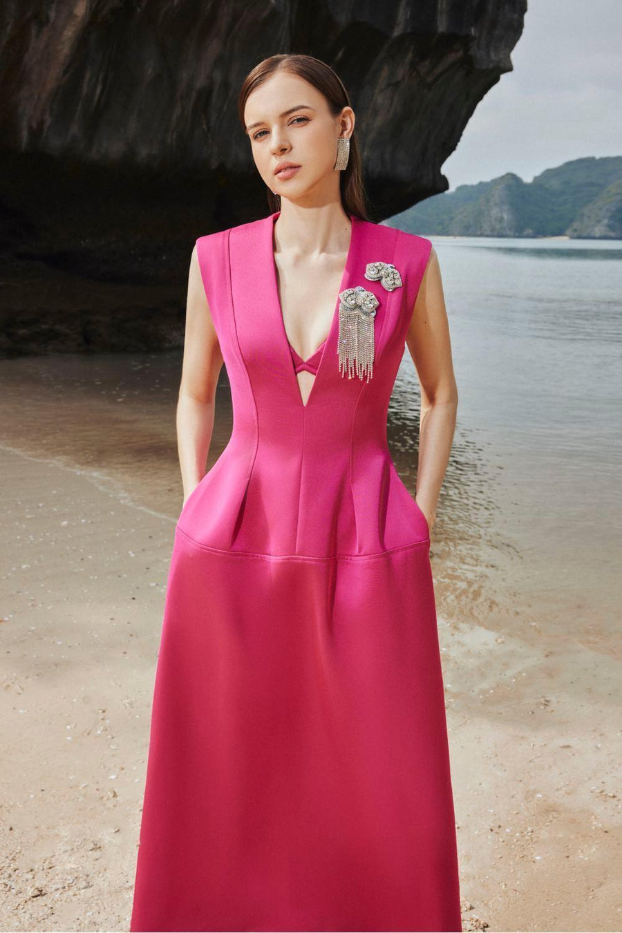 Parker A-line V-Neck Taffeta Midi Dress Midi Dress TRACY STUDIO