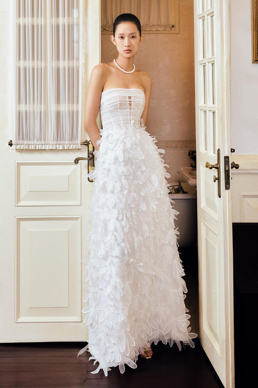 Patsy Strapless Flower Applique Organza Floor Length Dress 1