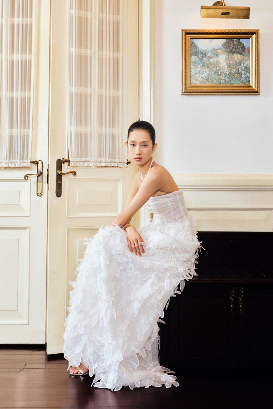 Patsy Strapless Flower Applique Organza Floor Length Dress 4