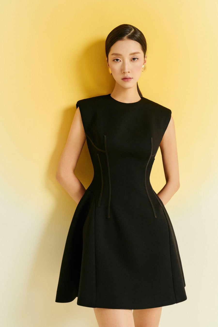 Peony Fit and Flare Round Neck Cotton Blend Mini Dress Black Mini Dress Eegen Studio