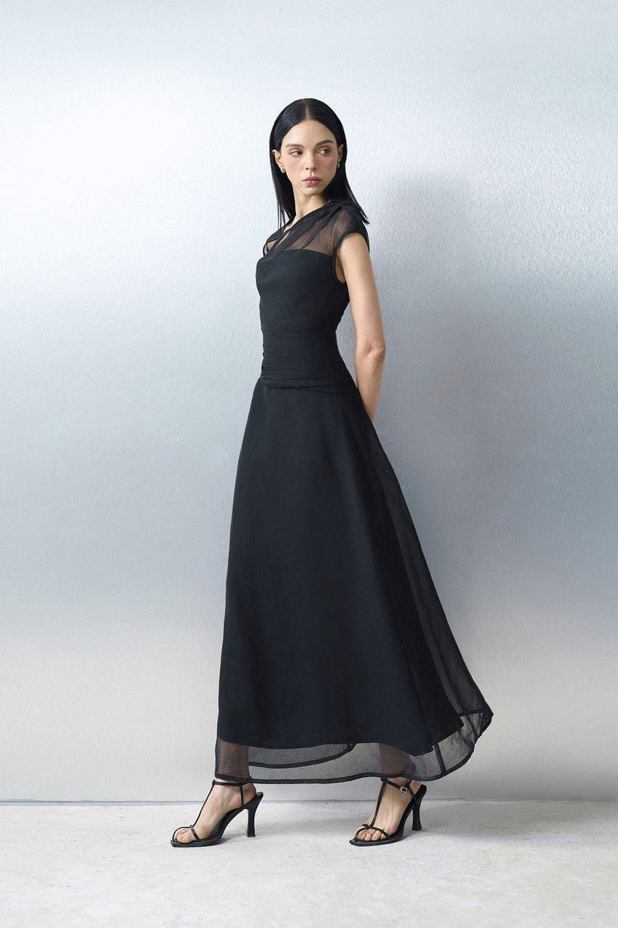 Perla A-line Asymmetric Neck Silk Ankle Length Dress Black Maxi Dress Eegen Studio