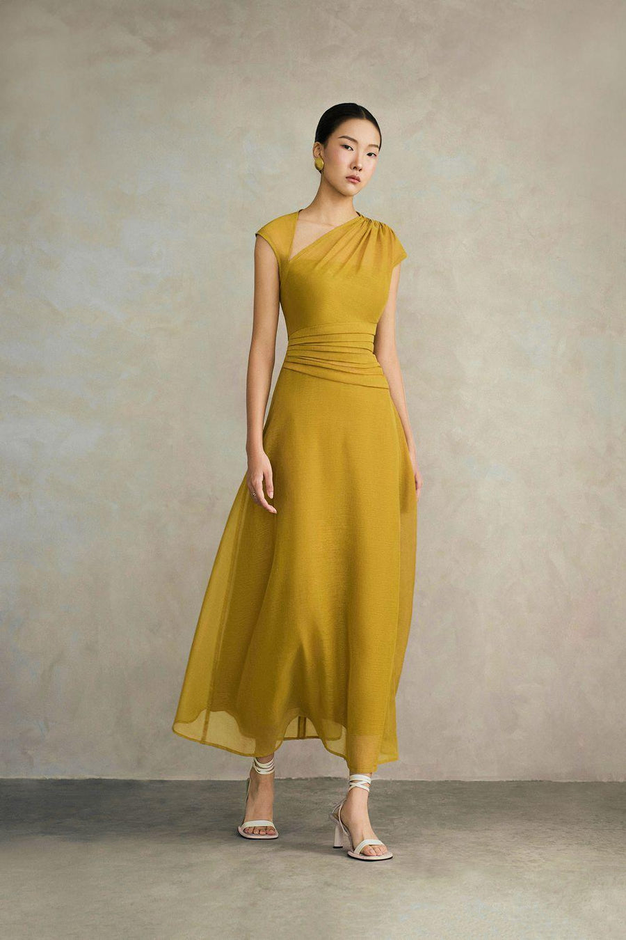 Perla A-line Asymmetric Neck Silk Ankle Length Dress Yellow Maxi Dress Eegen Studio