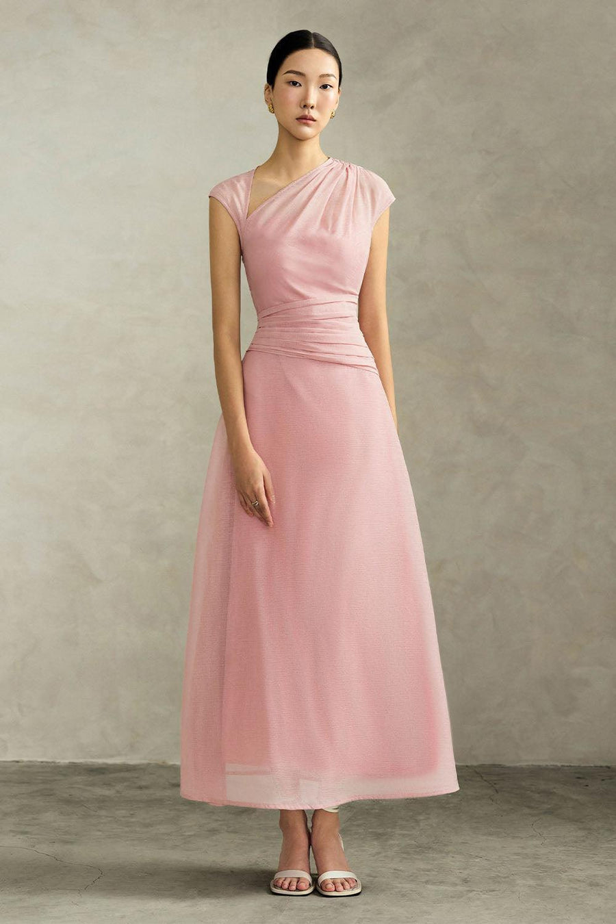 Perla A-line Asymmetric Neck Silk Ankle Length Dress Pink Maxi Dress Eegen Studio