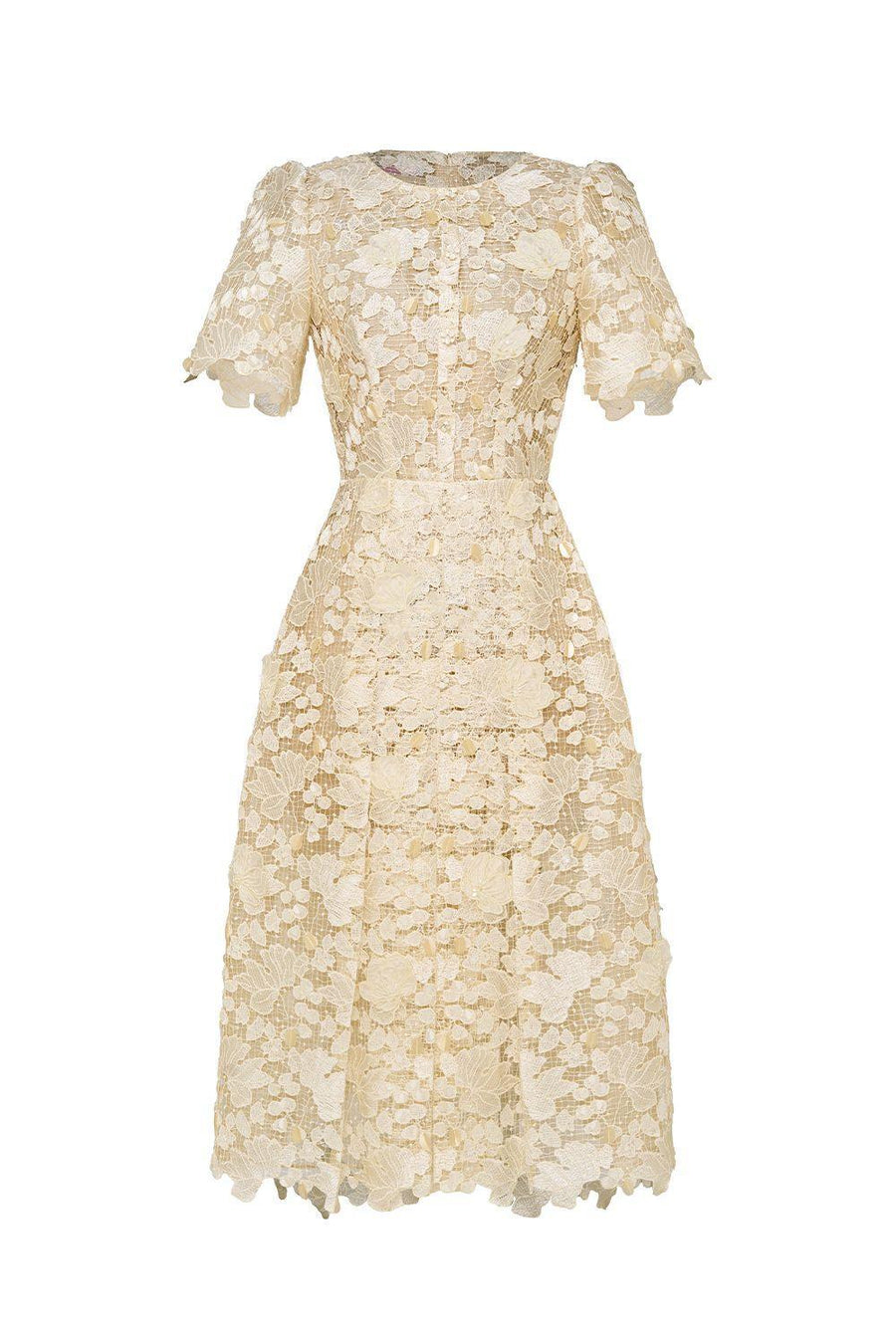 Petal A-line Round Neck Lace Midi Dress Midi Dress IVY moda