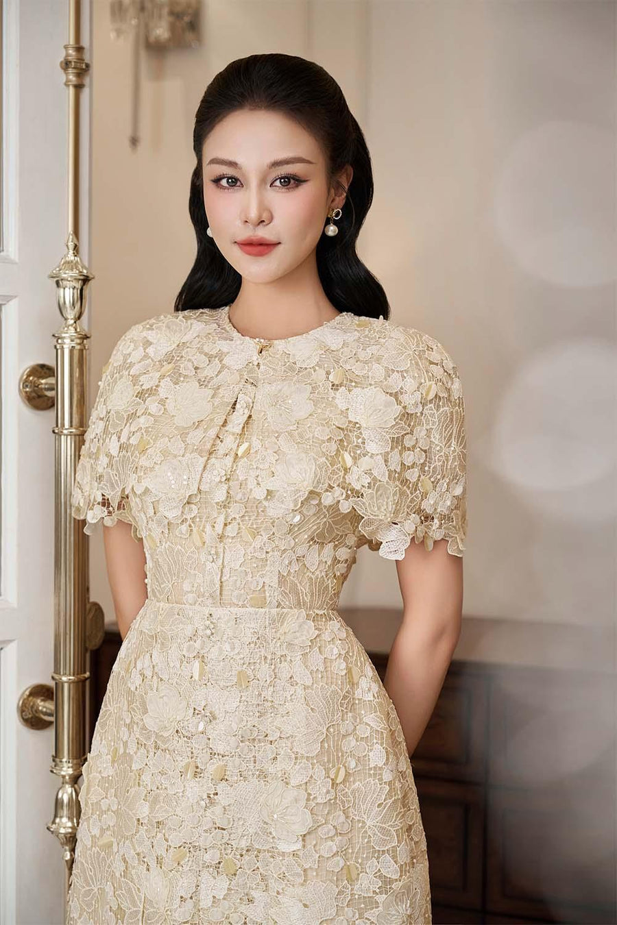 Petal A-line Round Neck Lace Midi Dress Midi Dress IVY moda