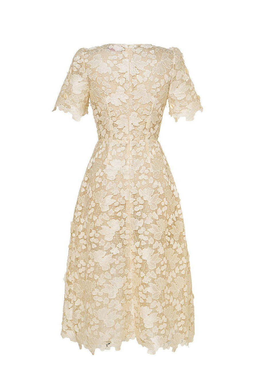 Petal A-line Round Neck Lace Midi Dress Ivory White Floral Midi Dress IVY moda