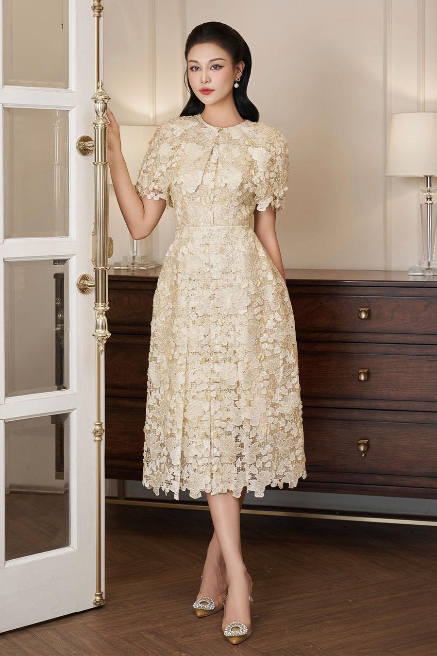 Petal A-line Round Neck Lace Midi Dress Midi Dress IVY moda
