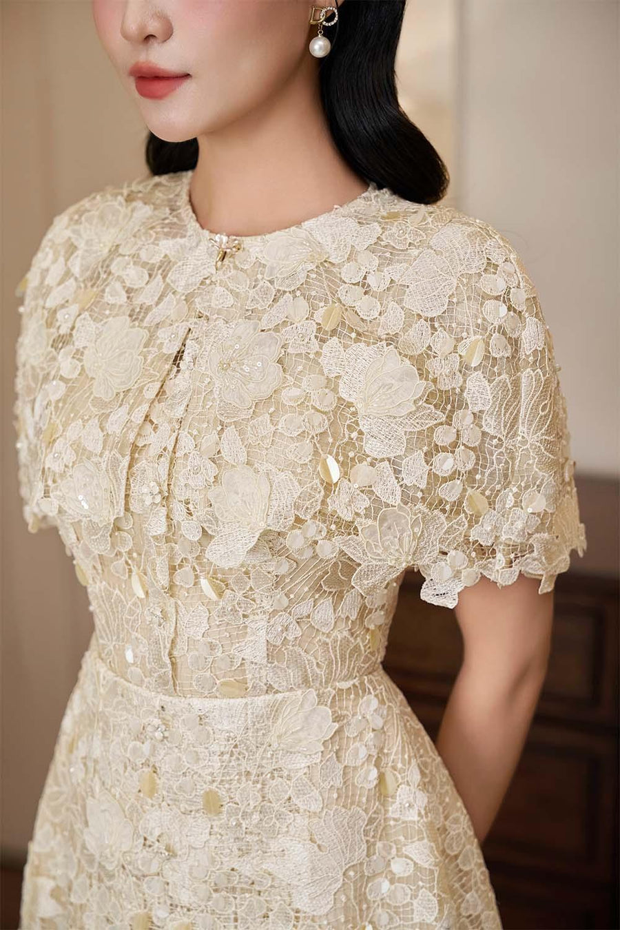Petal A-line Round Neck Lace Midi Dress Midi Dress IVY moda