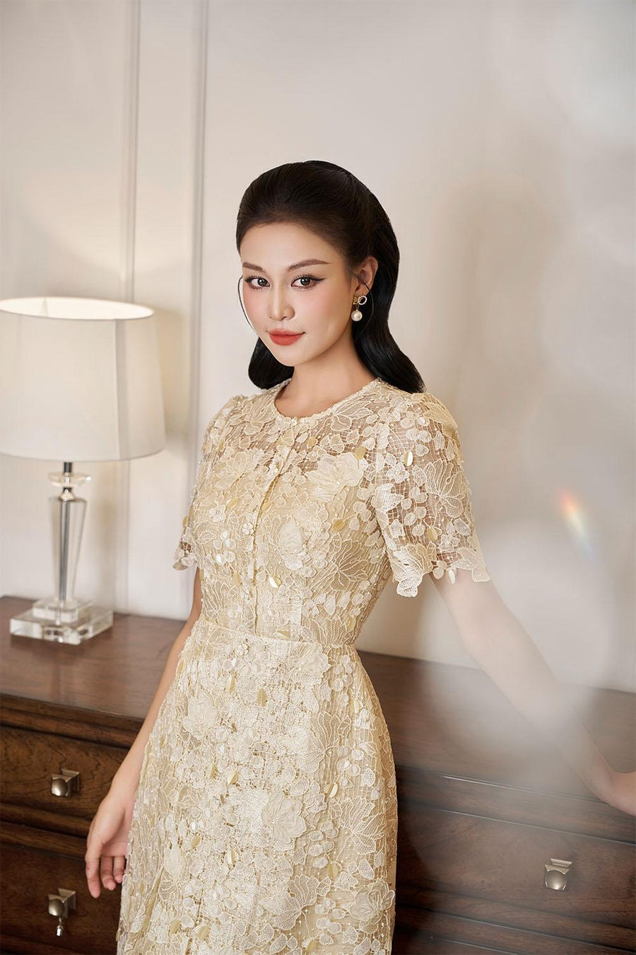 Petal A-line Round Neck Lace Midi Dress Midi Dress IVY moda