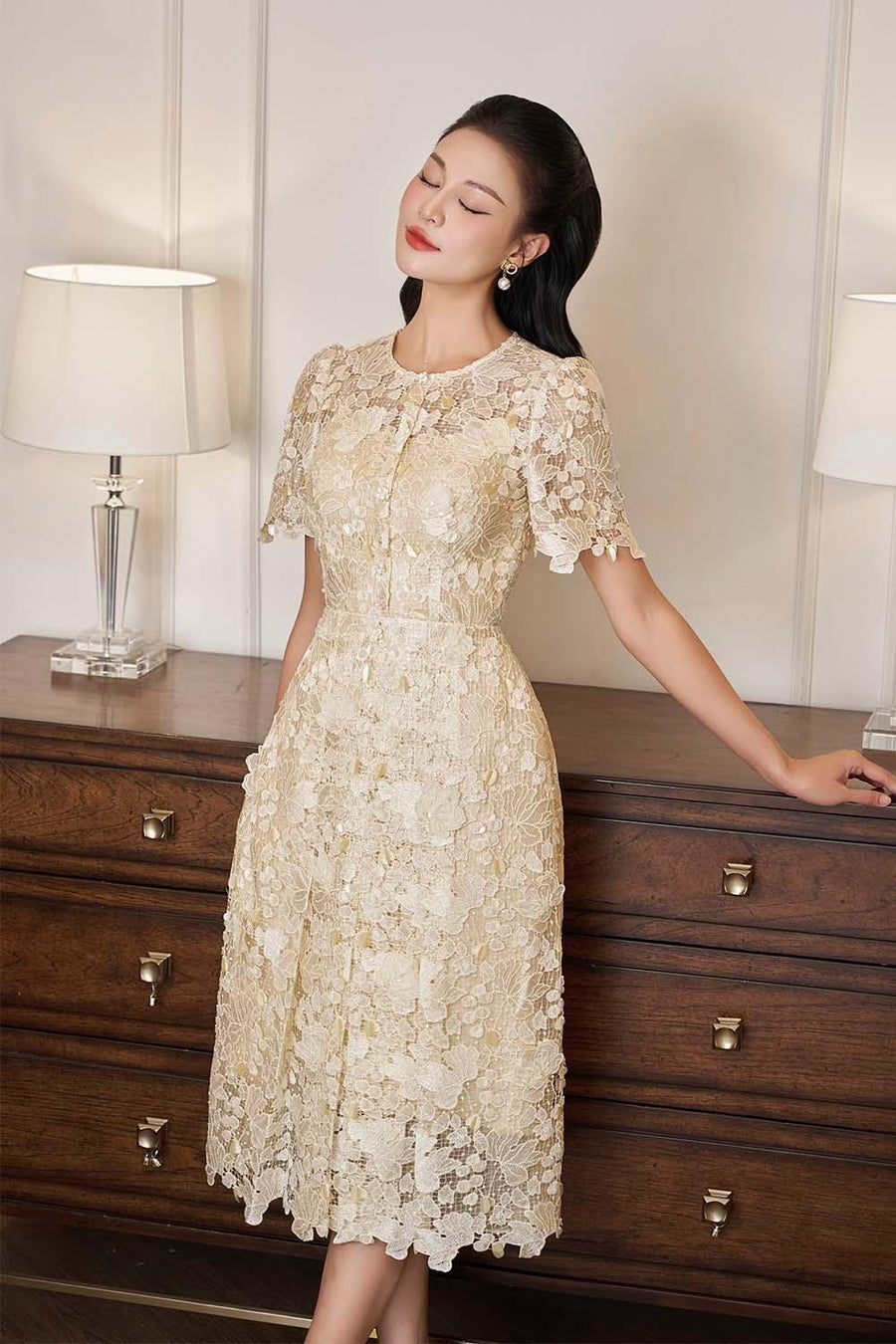 Petal A-line Round Neck Lace Midi Dress Midi Dress IVY moda