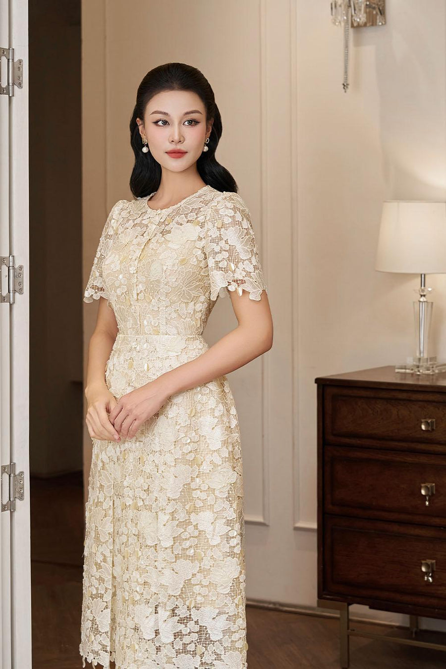 Petal A-line Round Neck Lace Midi Dress Midi Dress IVY moda