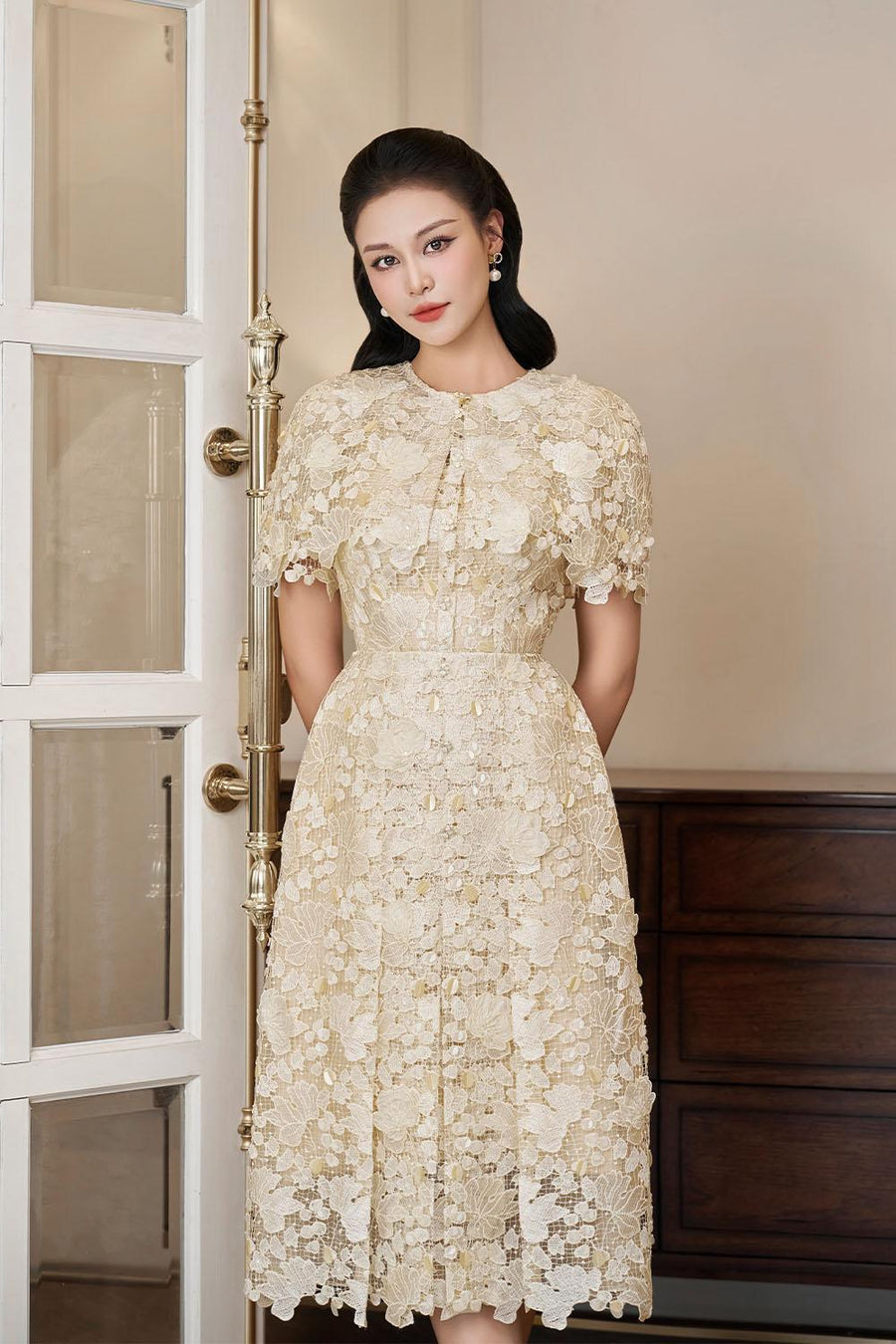 Petal A-line Round Neck Lace Midi Dress Midi Dress IVY moda