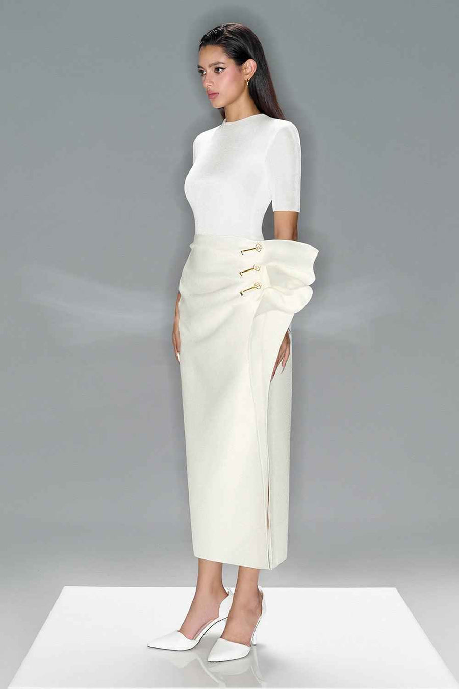 Phoebe Sheath Extended Flap Spandex Midi Dress White Maxi Dress LaLING