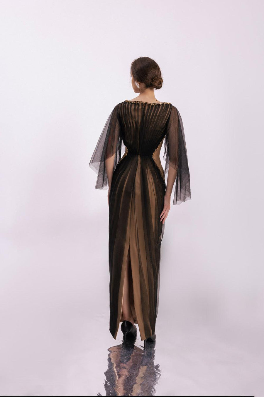 Pierce Pegged Boat Neck Mesh Silk Floor Length Dress 6