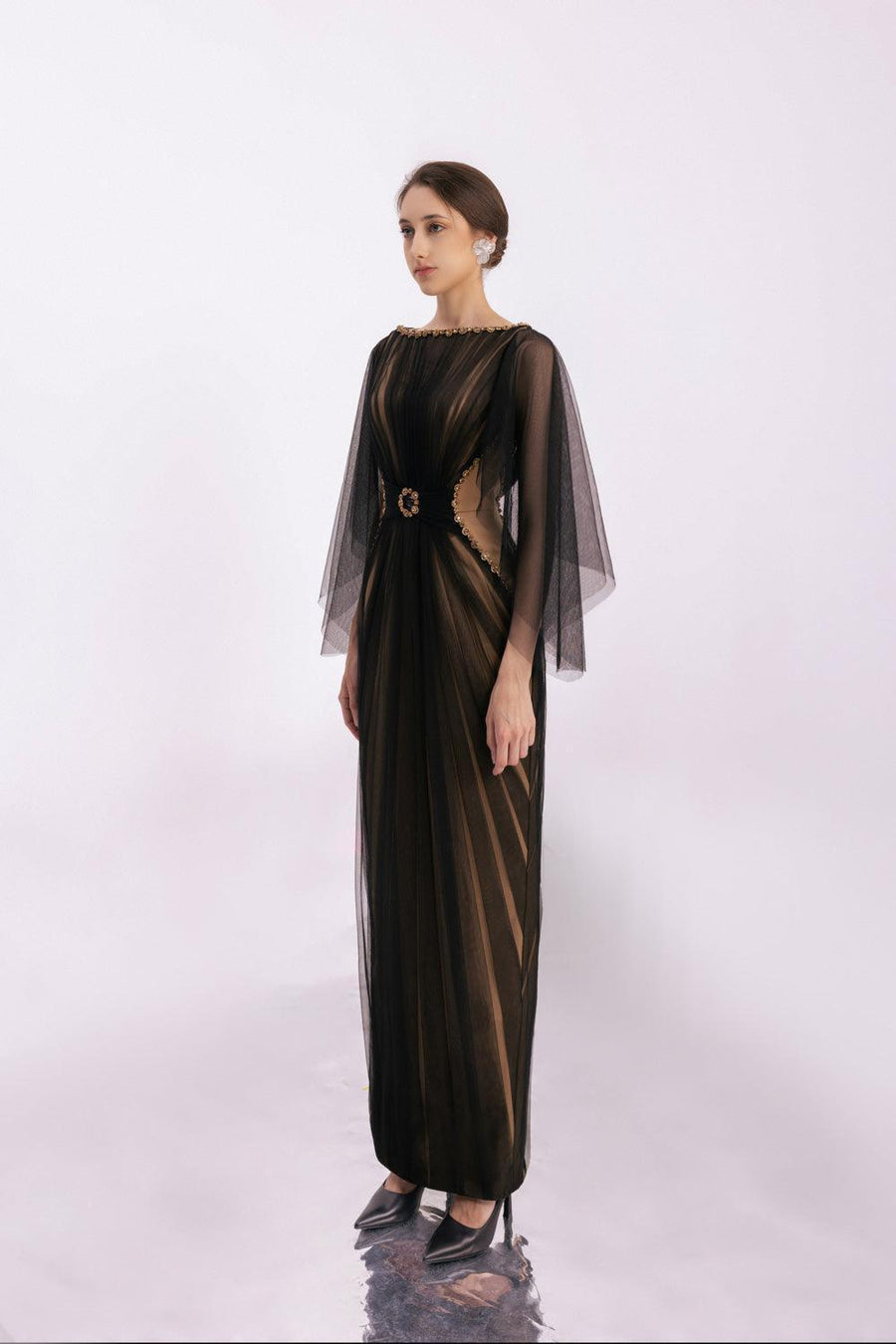 Pierce Pegged Boat Neck Mesh Silk Floor Length Dress 7