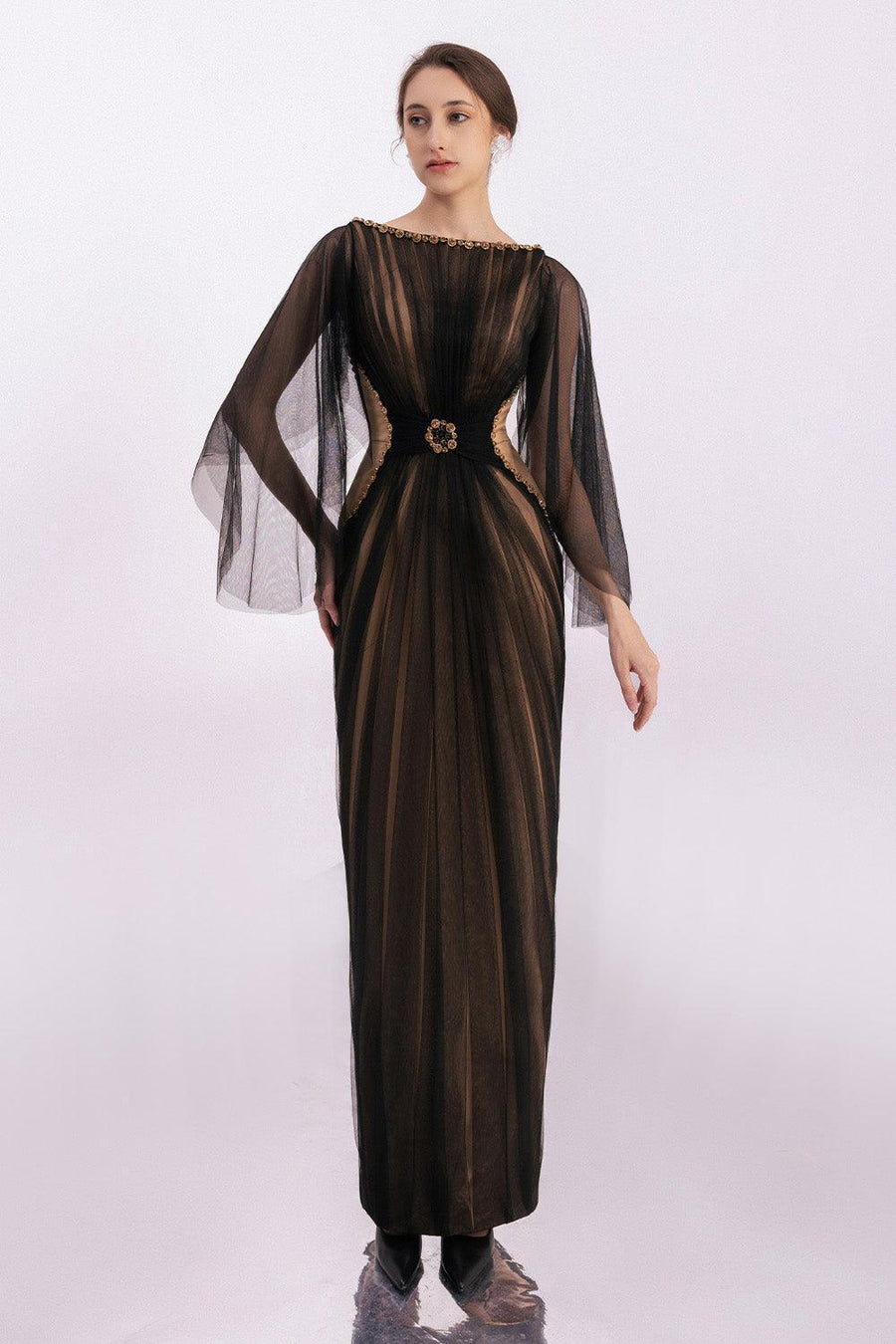 Pierce Pegged Boat Neck Mesh Silk Floor Length Dress 8