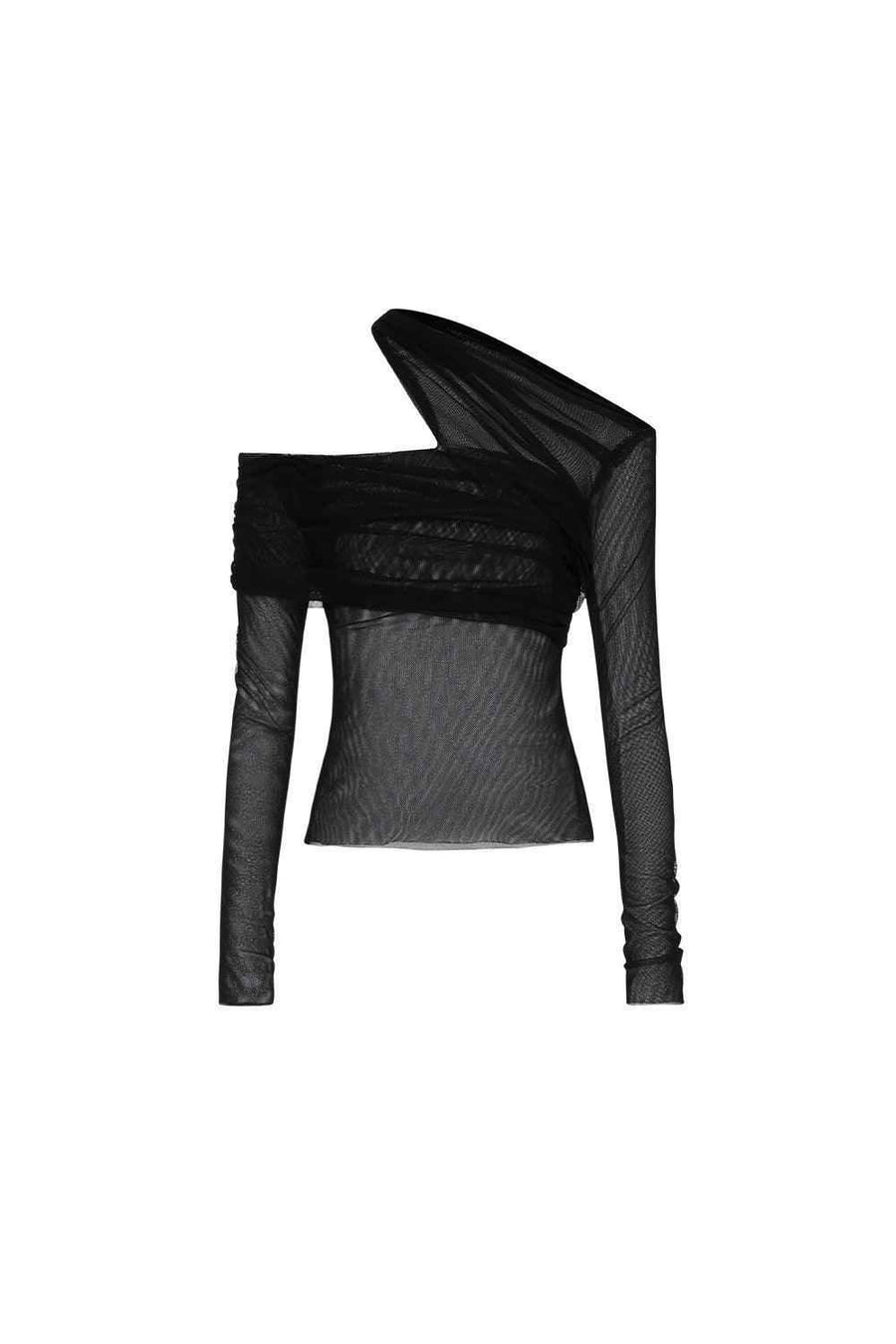 Platine Bodycon Asymmetric Neck Tulle Top