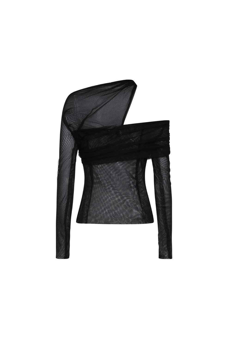 Platine Bodycon Asymmetric Neck Tulle Top