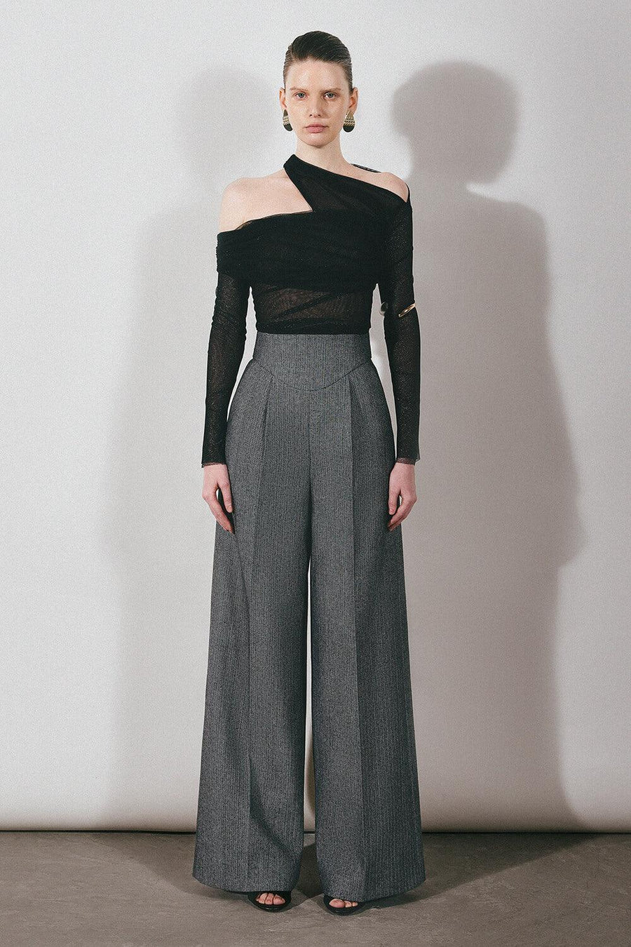 Platine Bodycon Asymmetric Neck Tulle Top 5