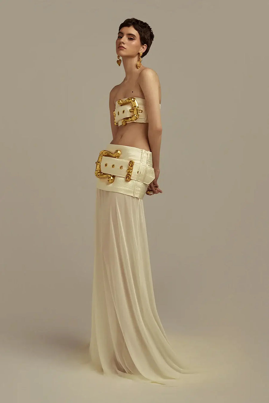 Poem Collection Gold Accent Evening Gown Side Profile – RESSALINA
