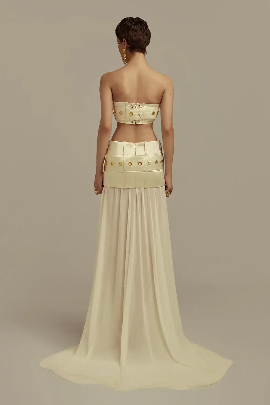 Poem Collection Gold Belted Evening Dress Back View – RESSALINA