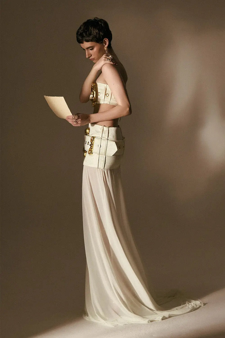 Poem Collection Gold Buckle Two-Piece Evening Dress Side View – RESSALINA