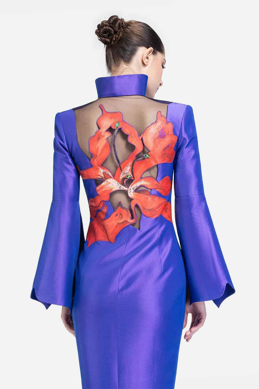 Poison Sheath Bell Sleeved Taffeta Floor Length Dress