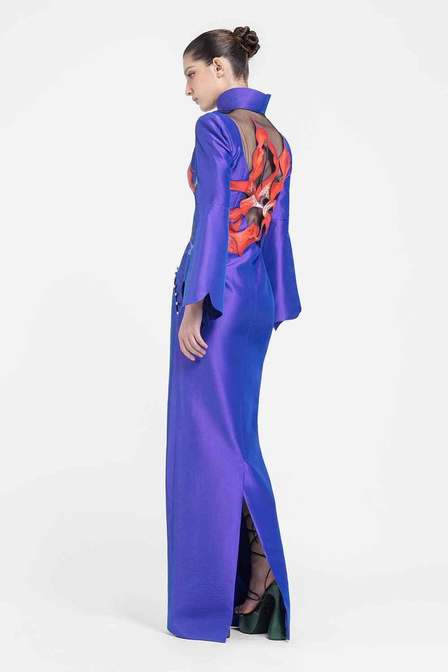 Poison Sheath Bell Sleeved Taffeta Floor Length Dress