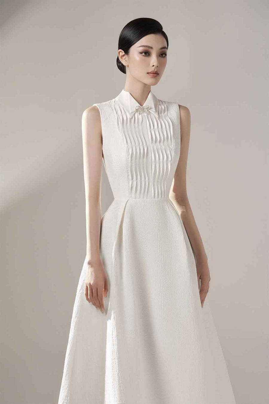 Poliana A-line Collared Neck Jacquard Midi Dress