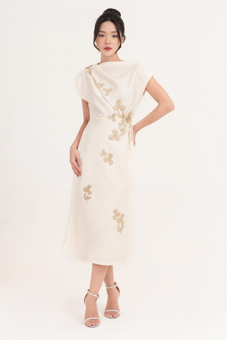 Posy Sheath Asymmetric Neck Taffeta Midi Dress Midi Dress IVY moda